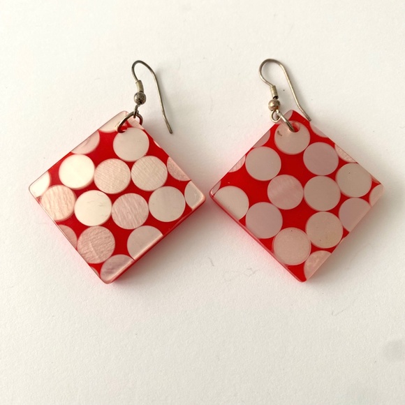 Vintage 80s red acrylic post-modern pop art dot drop dangle earrings - Picture 4 of 4